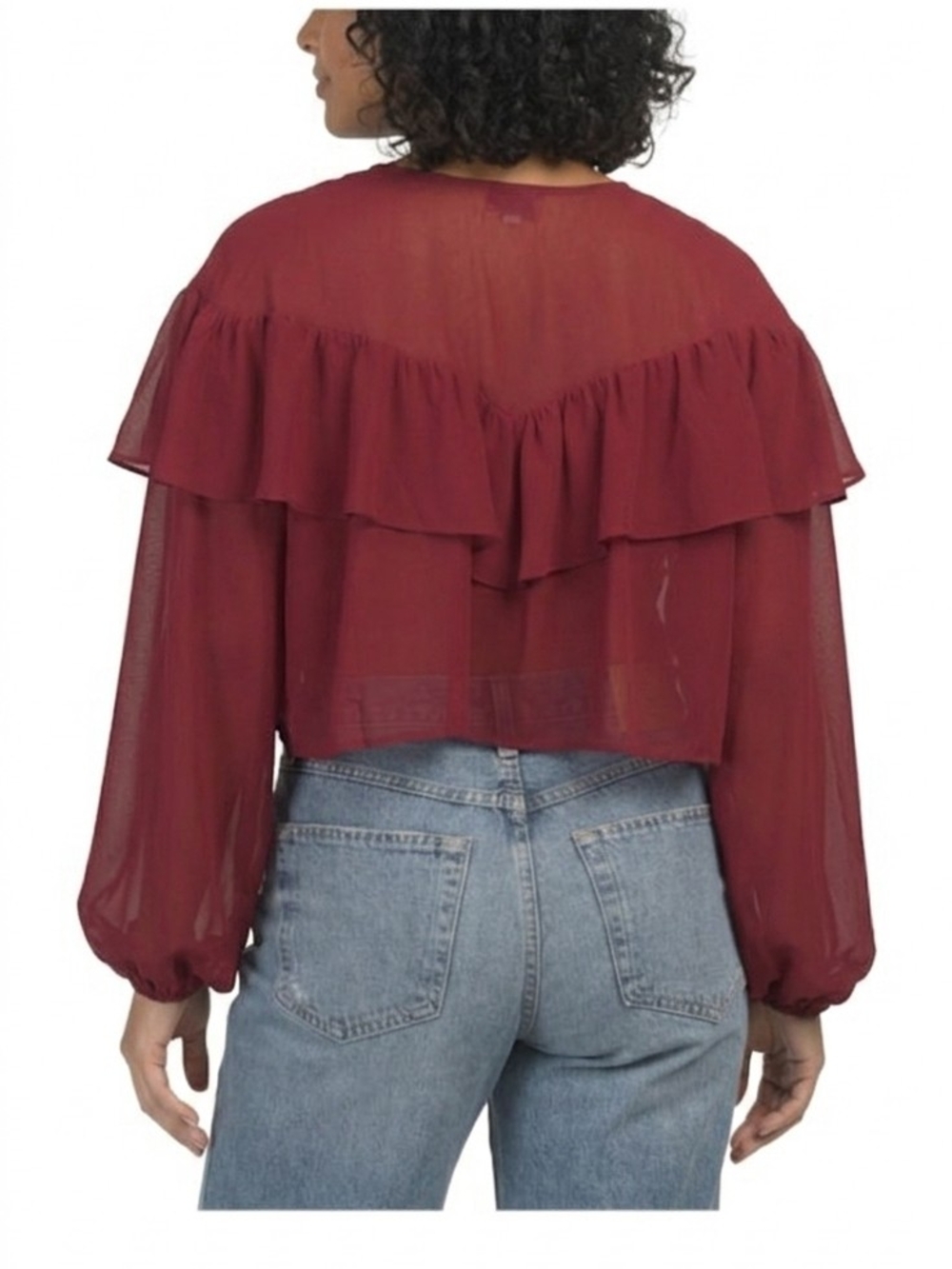 Le Lis Burgundy Flowy Tie Front Ruffle Crop Blouse Peasant Bohemian NWT - Picture 2 of 3